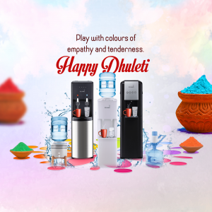 Water coolers with Holi colors and festive decorations