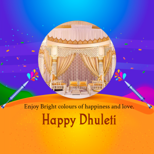 Dhuleti festival greeting with a decorated stage and colorful background