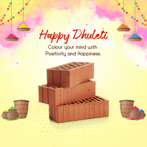 Happy Dhulleti greeting with bricks and colorful elements
