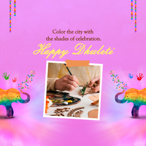 Image depicting a Happy Dhulleti celebration with colorful elements and a person painting.