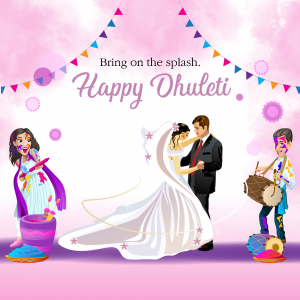 Illustration of a couple dancing with people celebrating Dhuleti with colors and music.