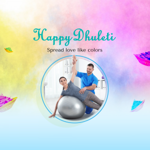 Image depicting a Happy Dhulleti celebration with a couple exercising and colorful Holi elements.