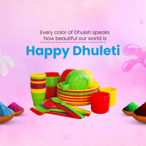 Colorful plastic tableware and Holi powder celebrating Dhulleti