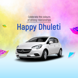 White Opel car with colorful Holi background