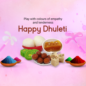 Image depicting traditional sweets and colorful powders for Dhuleti festival