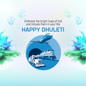 Image depicting a Happy Dhulandi wish with elements of travel and logistics.