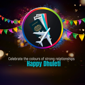 Image depicting travel essentials like a passport and airplane with festive decorations, celebrating Dhuleti.