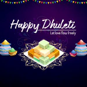 Happy Dhulleti greeting with sweets and colorful decorations