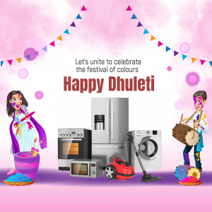 Illustration of appliances with people celebrating Holi