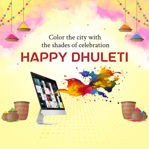 Image depicting a Happy Dhulandi celebration with colorful splashes and a laptop displaying festive images.