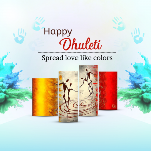 Dhulandi festival greeting with colorful splashes and artistic figures.