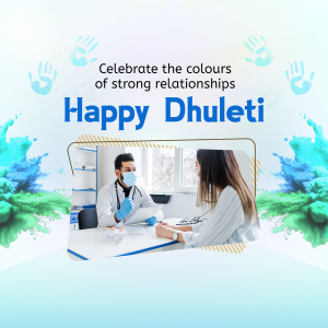 Image depicting a doctor consulting with a patient, with colorful handprints and splashes, celebrating Dhuleti.