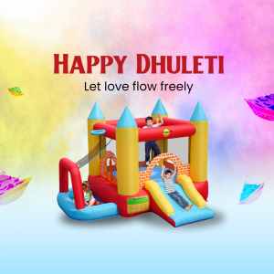 Children playing on a colorful inflatable bouncy castle during Dhulleti festival.