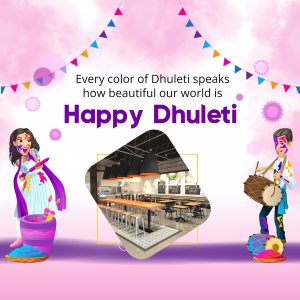 Dhuleti festival greeting with colorful elements and a building image.