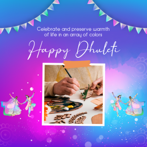 Image depicting Happy Dhulleti with colorful elements and a person painting.