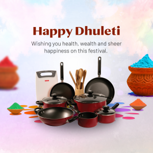 Happy Dhuleti greeting with kitchenware and colorful powders
