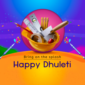 A vibrant image celebrating Dhulheti with tools in a bucket.