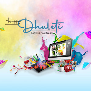 Colorful Dhulandi graphic design illustration with paint splashes and design tools.
