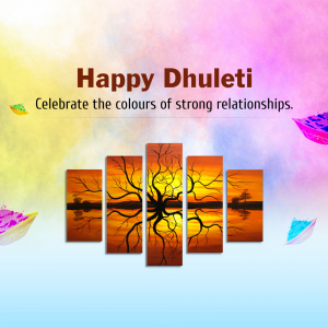 Happy Dhuleti image with colorful background and tree artwork