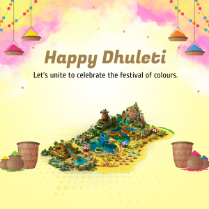 Happy Dhuleti banner with colorful landscape and festive decorations