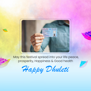 A person holding a voter ID card with a festive Dhulleti background.