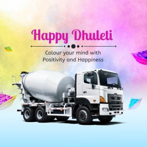Image of a concrete mixer truck with a colorful Dhuleti background.