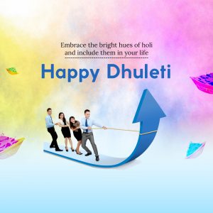Image depicting a team pulling a rope upwards with colorful Holi elements, wishing Happy Dhuleti.