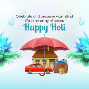 Holi celebration with house, car, and wallet under an umbrella