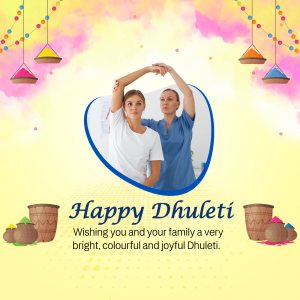 Physiotherapist assisting a patient with arm exercises, with a festive Dhuleti background.