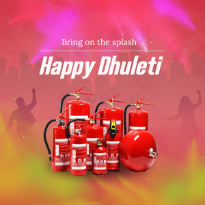 Fire extinguishers arranged with a Dhulleti celebration background