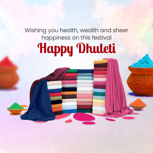 Happy Dhulleti festival greeting with colorful fabrics and traditional pots