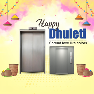 Elevator decorated for Dhuleti festival with colorful elements