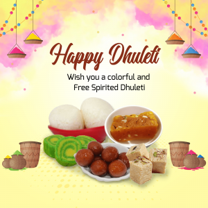 Happy Dhuleti wish with traditional sweets and colorful decorations
