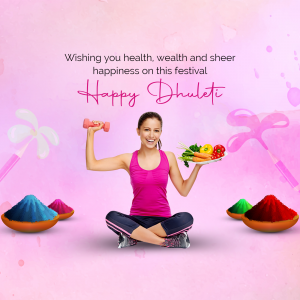 Woman with dumbbells and healthy food wishing Happy Dhuleti