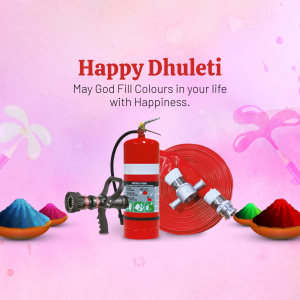 Dhuleti festival greeting with fire safety equipment and colorful powders.