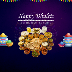 Happy Dhuleti with traditional Gujarati Thali and colors