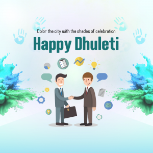 Illustration of business professionals shaking hands with colorful Dhulandi elements.