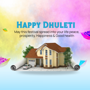 Dhulheti festival greeting with a house illustration and colorful splashes.