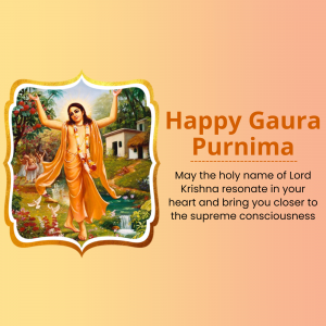 Image depicting Lord Chaitanya with a 'Happy Gaura Purnima' greeting.