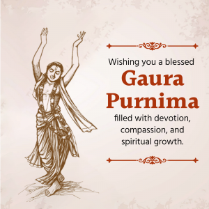 Illustration of Lord Chaitanya with a Gaura Purnima greeting.