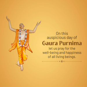 Image depicting a devotee with raised hands and text wishing 'Gaur Purnima'