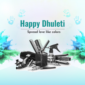 Image depicting hair salon tools with colorful splashes and handprints, celebrating Dhuleti.