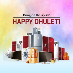 Image showcasing a variety of home appliances with 'Happy Dhulleti' text.