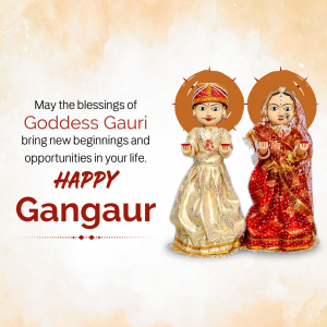 Image of Goddess Gauri and Shiva dolls with a Gangaur greeting.