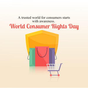 World Consumer Rights Day graphic with shopping bags and a shopping cart