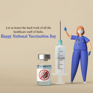 Illustration of a healthcare worker with a syringe and vaccine vial, celebrating National Vaccination Day in India.