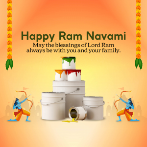 Ram Navami festive greeting with Lord Ram, paint cans, and floral decorations