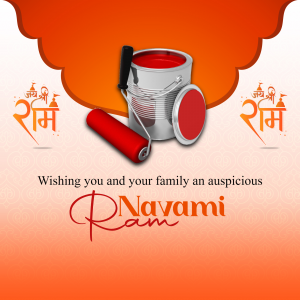 Image depicting a paint bucket and roller with the text 'Wishing you and your family an auspicious Navami' and 'Jai Shree Ram'.