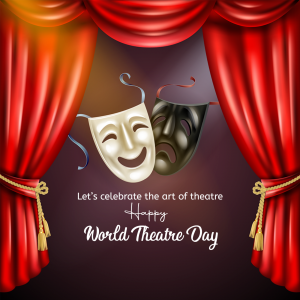 Red curtains with comedy and tragedy masks for World Theatre Day