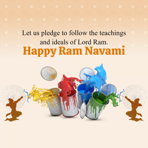 Happy Ram Navami image with colorful paint splashes and Lord Ram silhouettes.